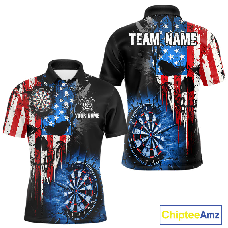 Patriotic American Flag Grunge Skull Mens Dart Shirts Custom Dart Jerseys Team Polo & 1/4 Zip TDM5171