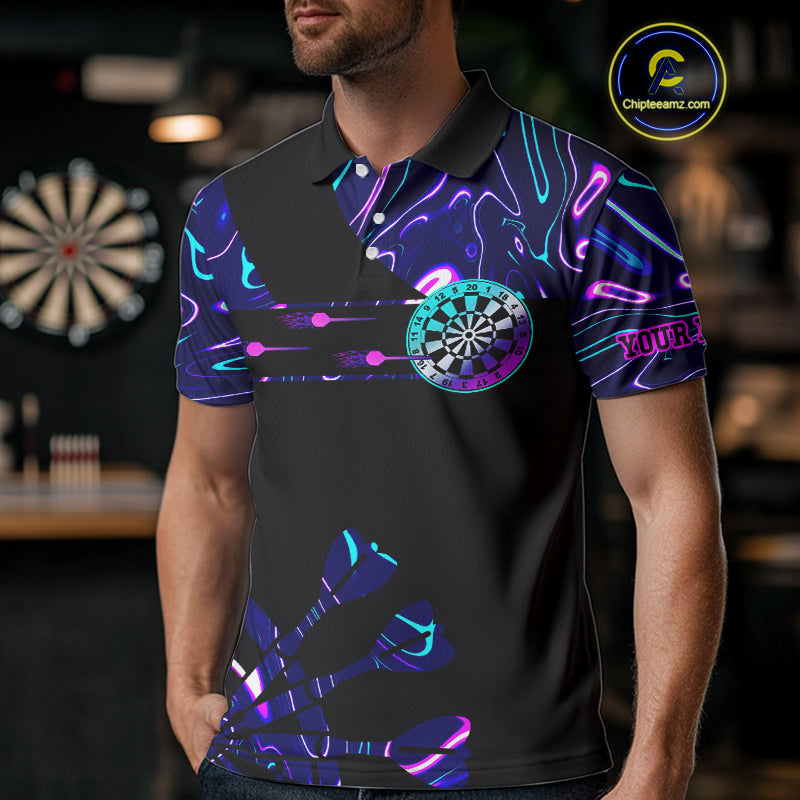 Neon Purple Blue Holographic Mens Dart Shirts Custom Glowing Dart Jersey Team Polo & Quarter Zip TDM5173