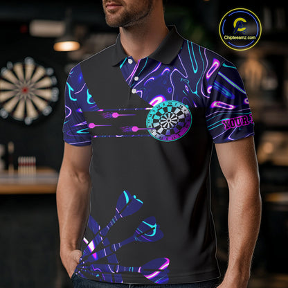Neon Purple Blue Holographic Mens Dart Shirts Custom Glowing Dart Jersey Team Polo & Quarter Zip TDM5173