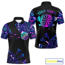 Load image into Gallery viewer, Neon Purple Blue Holographic Mens Dart Shirts Custom Glowing Dart Jersey Team Polo &amp; Quarter Zip TDM5173