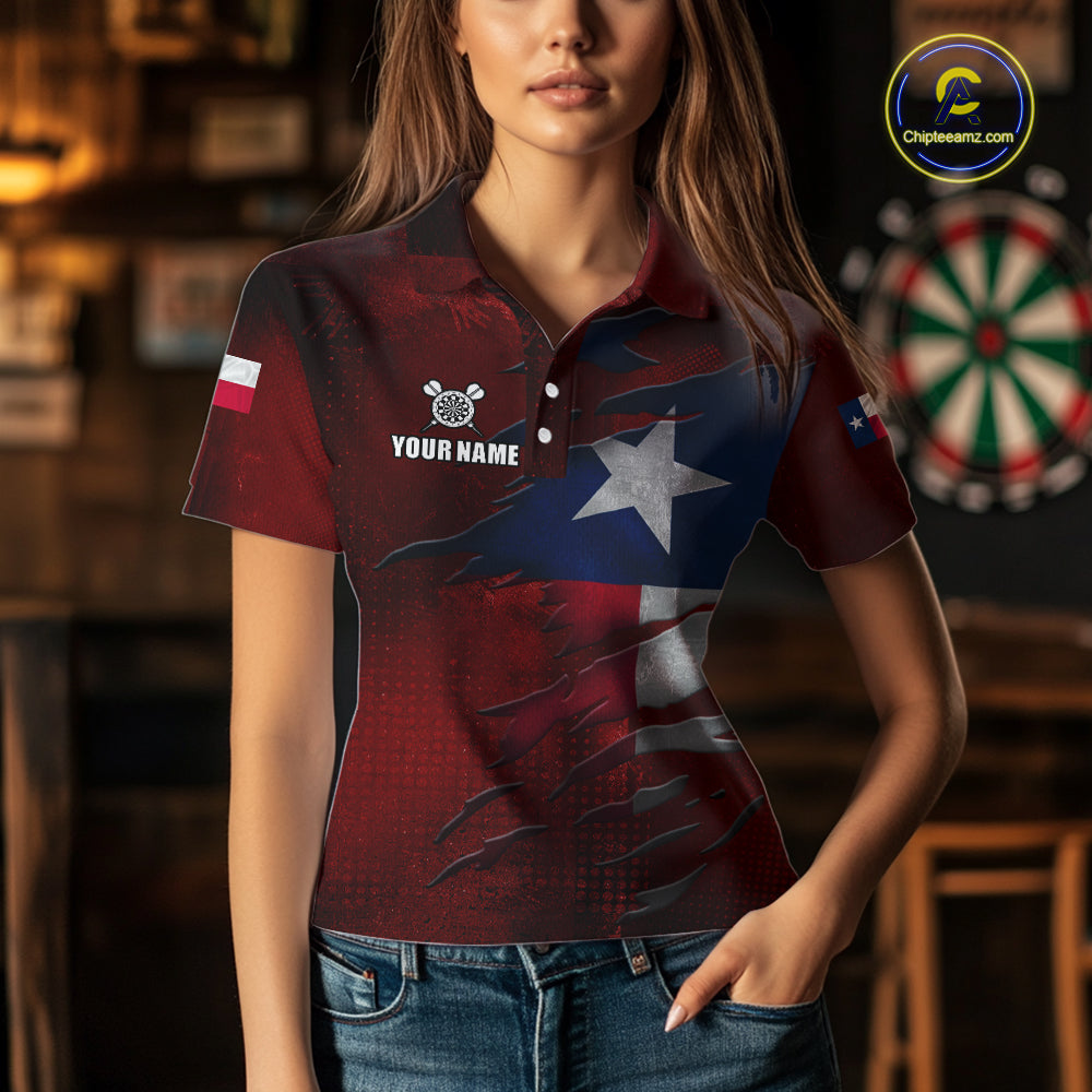 Retro Texas Flag Darts Shirt For Women Custom Patriotic Texas Darts Team Jersey Polo & 1/4 Zip TDM5417