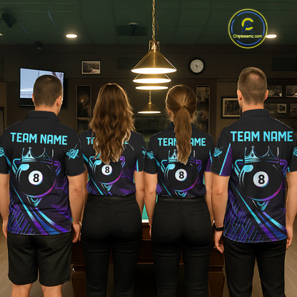 Custom Purple And Turquoise 8 Ball Crown Billiard Shirt For Men, Pool Team Jersey Polo & 1/4 Zip TDM5905