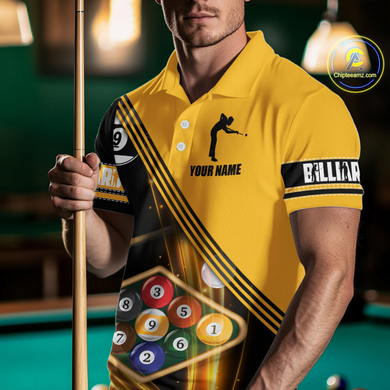 Personalized Yellow Black 9 Ball Pool Billiard Shirt For Men, Billiard Team Jersey Polo & 1/4 Zip TDM5906