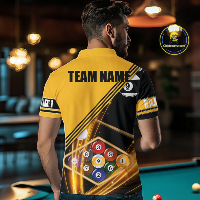 Personalized Yellow Black 9 Ball Pool Billiard Shirt For Men, Billiard Team Jersey Polo & 1/4 Zip TDM5906
