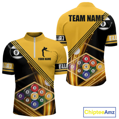 Personalized Yellow Black 9 Ball Pool Billiard Shirt For Men, Billiard Team Jersey Polo & 1/4 Zip TDM5906