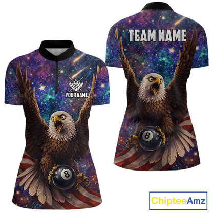 Funny Eagle Galaxy Billiard Shirt For Women Custom 8 Ball Pool Team Jersey Polo &1/4 Zip TDM6044