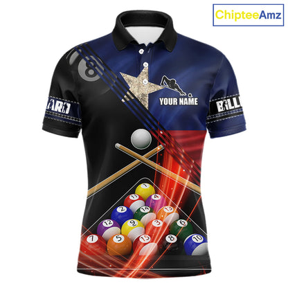Texas Flag Custom Billiard Polo & 1/4 Zip Shirt For Men, Patriotic 8 Ball Pool Team Jersey TDM6046