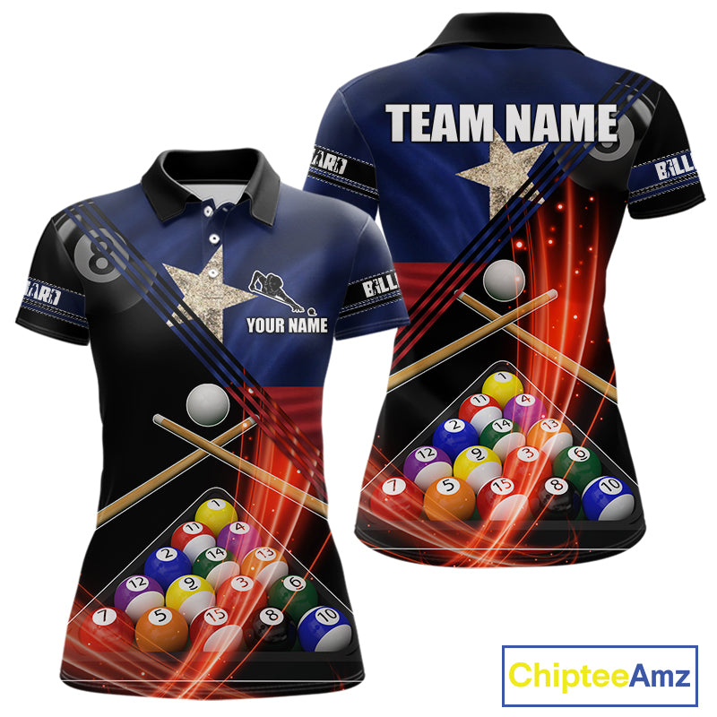 Texas Flag Custom Billiard Polo & 1/4 Zip Shirt For Women, Patriotic 8 Ball Pool Team Jersey TDM6046
