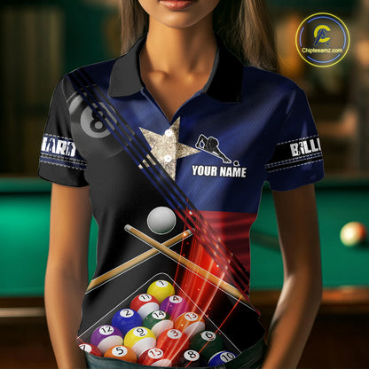 Texas Flag Custom Billiard Polo & 1/4 Zip Shirt For Women, Patriotic 8 Ball Pool Team Jersey TDM6046