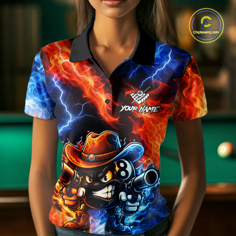 Blue And Orange Funny 8 Ball Flame Billiard Shirt For Women, Pool Team Jersey Polo & 1/4 Zip TDM6051
