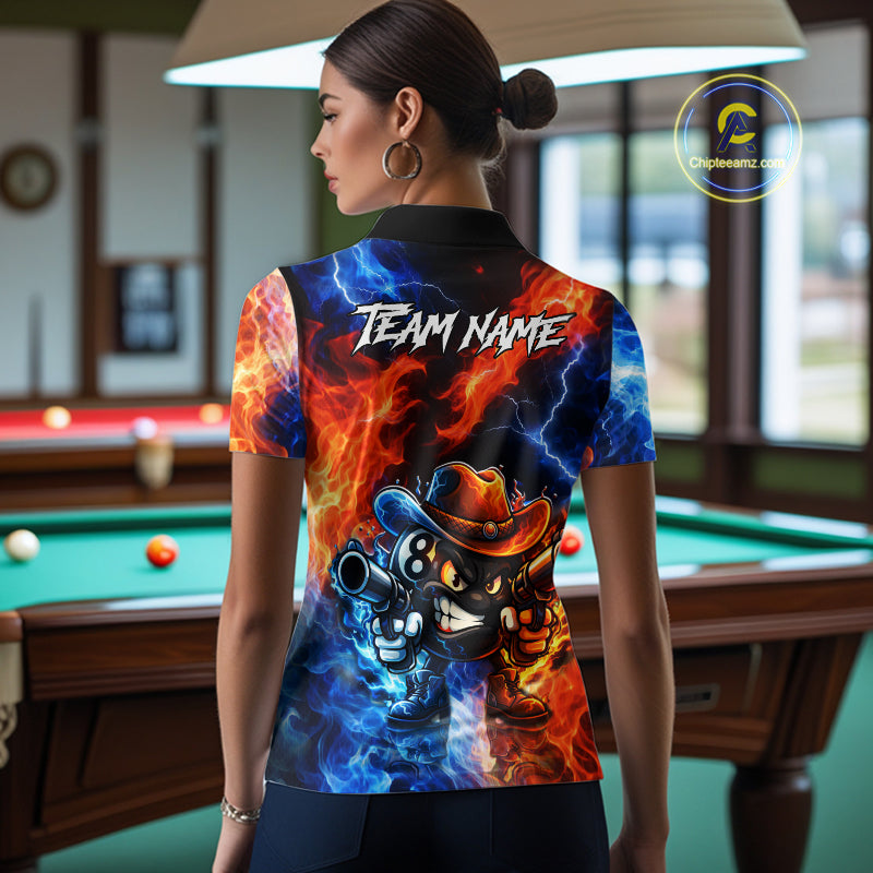 Blue And Orange Funny 8 Ball Flame Billiard Shirt For Women, Pool Team Jersey Polo & 1/4 Zip TDM6051