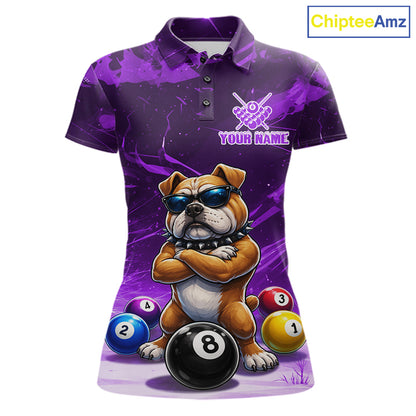 Funny Bulldog Pool Balls Billiard Shirt For Women Custom Billiard Team Jersey Polo & 1/4 Zip |Purple TDM6478