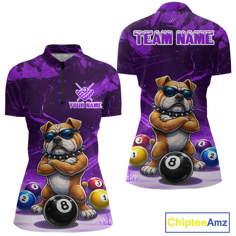 Funny Bulldog Pool Balls Billiard Shirt For Women Custom Billiard Team Jersey Polo & 1/4 Zip |Purple TDM6478