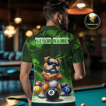 Funny Bulldog Pool Balls Billiard Shirt For Men Custom Billiard Team Jersey Polo & 1/4 Zip |Green TDM6479