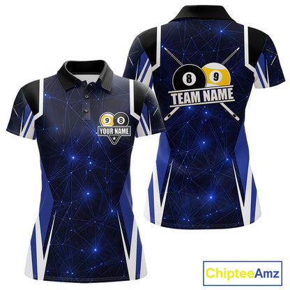 Blue 8 Ball & 9 Ball Pool Billiard Shirt For Women Custom Geometric Billiard Jersey Polo & 1/4 Zip TDM6482