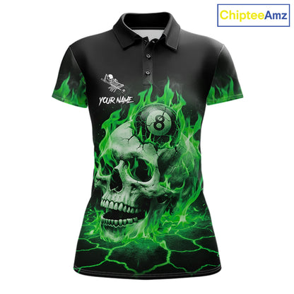 Green flaming skull 8 ball billiard polo shirt for women with custom pool team graphics.