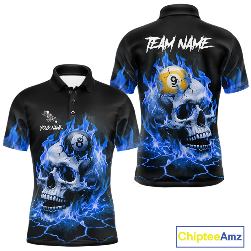 Blue flaming skull 8 ball and 9 ball billiard polo shirt for men with custom pool team graphics.