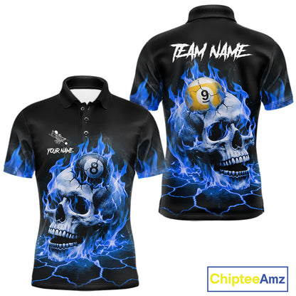 Blue flaming skull 8 ball and 9 ball billiard polo shirt for men with custom pool team graphics.