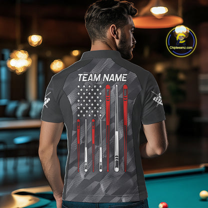 Back view of man wearing a metal grey American flag 8 ball pool shirt in a billiards hall.