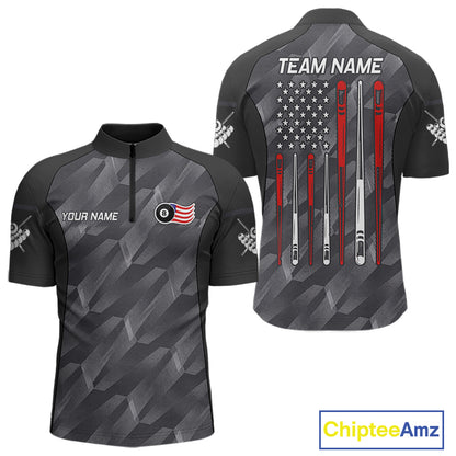 Metal grey American flag 8 ball billiard quarter zip shirt for men designed for league tournaments and team events.