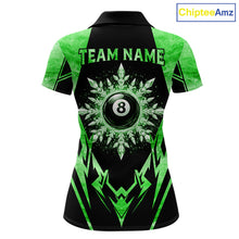 Load image into Gallery viewer, Black and green 8 ball pool icy billiard team jersey polo shirt for women featuring frozen ice effects and bold green highlights, premium custom pool league apparel for tournaments and league play.