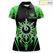 Load image into Gallery viewer, Black and green 8 ball pool icy billiard team jersey polo shirt for women featuring frozen ice effects and bold green highlights, premium custom pool league apparel for tournaments and league play.