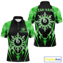 Load image into Gallery viewer, Black and green 8 ball pool icy billiard team jersey polo shirt for men featuring frozen ice effects and bold green highlights, premium custom pool league apparel for tournaments and league play.