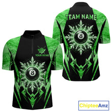 Load image into Gallery viewer, Black and green 8 ball pool icy billiard team jersey quarter zip shirt for men featuring icy 8 ball artwork with bold green accents for competitive pool players.