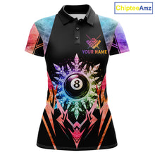 Load image into Gallery viewer, Custom colorful 8 ball pool icy billiard team jersey polo shirt for women featuring vibrant frozen ice artwork, premium pool league apparel for tournaments and competitive billiard players.