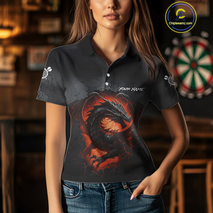 Personalized Grunge Dragon Womens Dart Shirts Custom Black Grey Dart Jerseys Team Polo & 1/4 Zip TDM5180