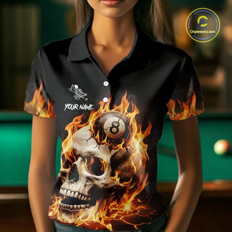 Orange Flaming Skull 8 Ball Billiard Shirt For Women Custom Pool Team Jersey Polo & Quarter Zip TDM5421