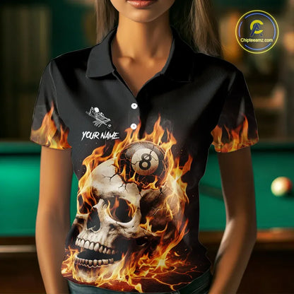 Orange Flaming Skull 8 Ball Billiard Shirt For Women Custom Pool Team Jersey Polo & Quarter Zip TDM5421