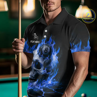 Blue Flaming Skull 8 Ball Billiard Shirt For Men Custom Pool Team Jersey Polo & Quarter Zip TDM5422
