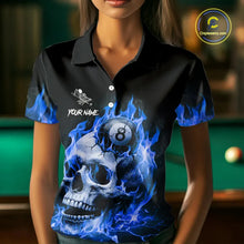 Load image into Gallery viewer, Blue Flaming Skull 8 Ball Billiard Shirt For Women Custom Pool Team Jersey Polo &amp; Quarter Zip TDM5422