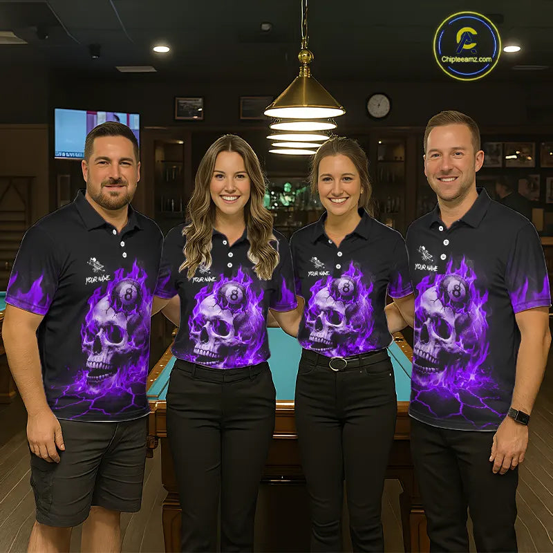 Purple Flaming Skull 8 Ball Billiard Shirt For Women Custom Pool Team Jersey Polo & Quarter Zip TDM5423