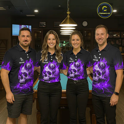 Purple Flaming Skull 8 Ball Billiard Shirt For Women Custom Pool Team Jersey Polo & Quarter Zip TDM5423