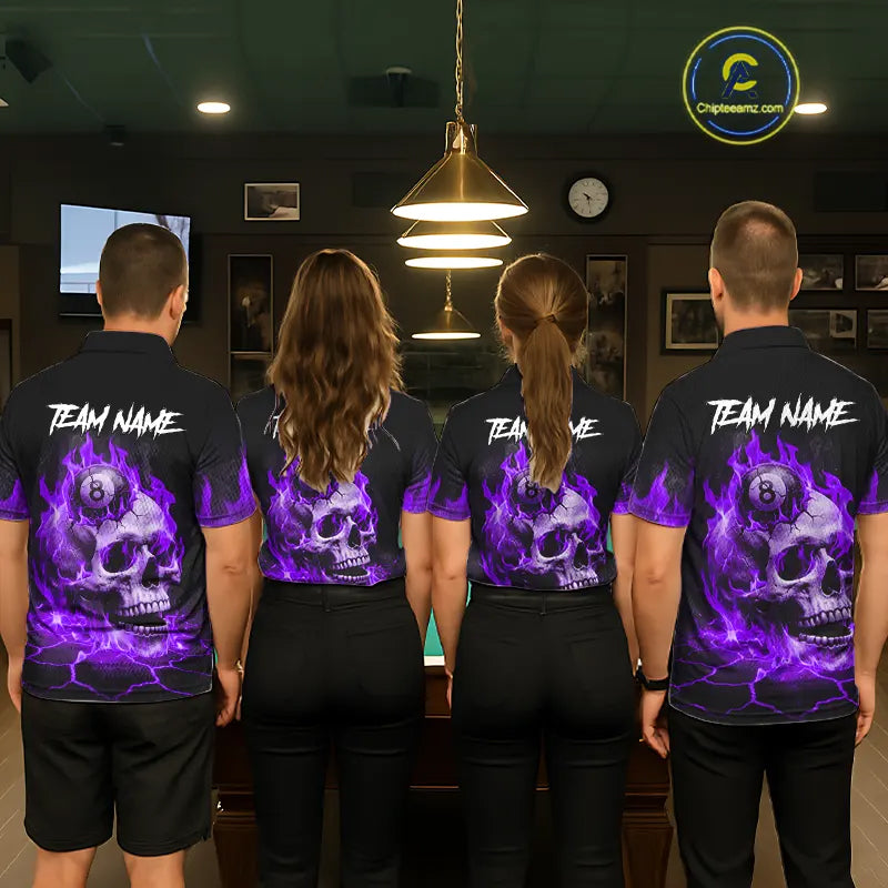 Purple Flaming Skull 8 Ball Billiard Shirt For Women Custom Pool Team Jersey Polo & Quarter Zip TDM5423