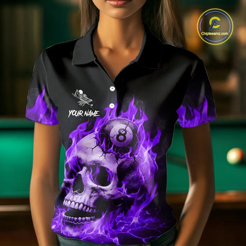 Purple Flaming Skull 8 Ball Billiard Shirt For Women Custom Pool Team Jersey Polo & Quarter Zip TDM5423