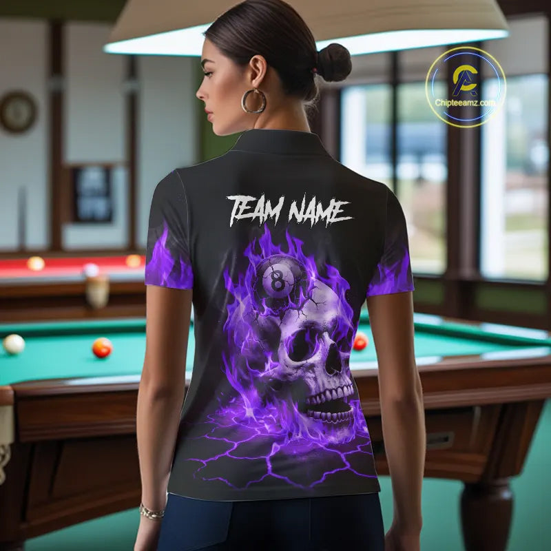 Purple Flaming Skull 8 Ball Billiard Shirt For Women Custom Pool Team Jersey Polo & Quarter Zip TDM5423
