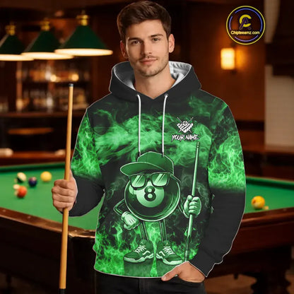 Green Funny 8 Ball Pool Flame Smoke Billiard Hoodie For Men And Women Custom 8 Ball Hoodie Jersey TDM5695