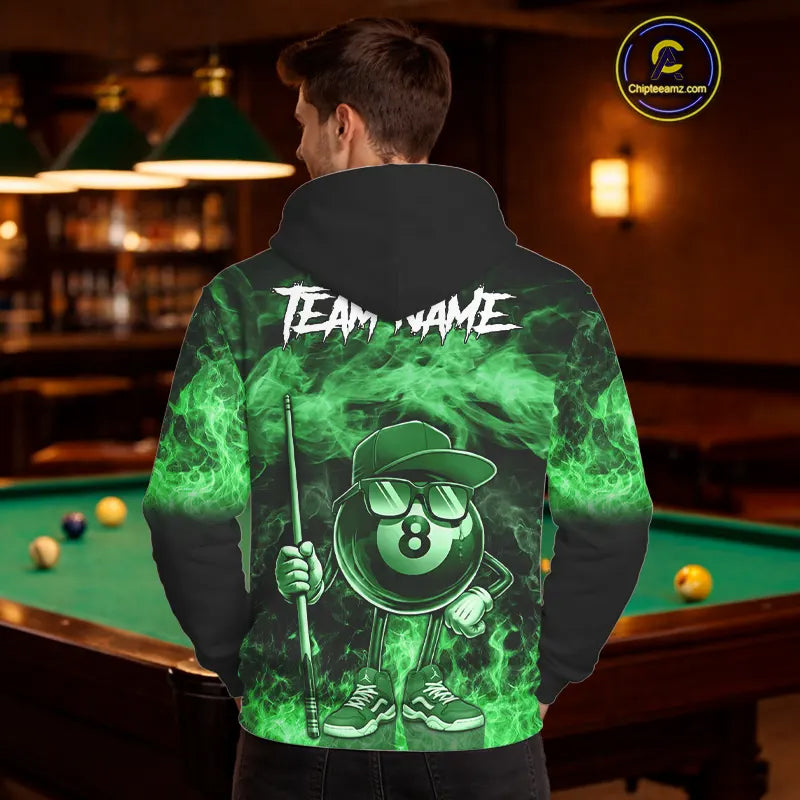 Green Funny 8 Ball Pool Flame Smoke Billiard Hoodie For Men And Women Custom 8 Ball Hoodie Jersey TDM5695
