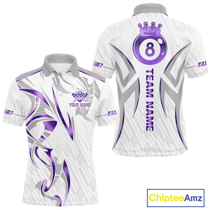 White And Purple Custom Crown 8 Ball Men's Billiards Shirts, Billiard Jersey Team Polo & 1/4 Zip TDM6054