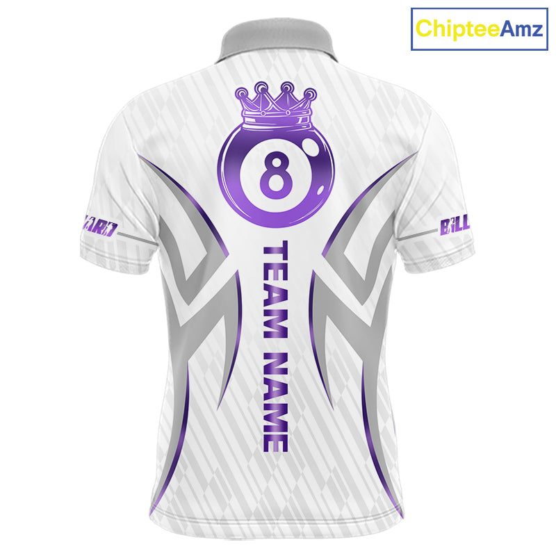 White And Purple Custom Crown 8 Ball Men's Billiards Shirts, Billiard Jersey Team Polo & 1/4 Zip TDM6054