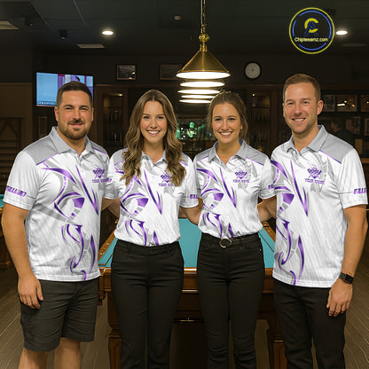 White And Purple Custom Crown 8 Ball Women's Billiards Shirts, Billiard Jersey Team Polo & 1/4 Zip TDM6054