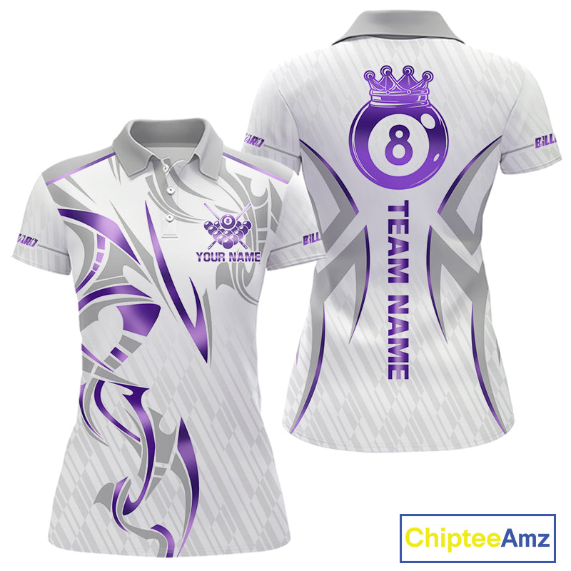 White And Purple Custom Crown 8 Ball Women's Billiards Shirts, Billiard Jersey Team Polo & 1/4 Zip TDM6054