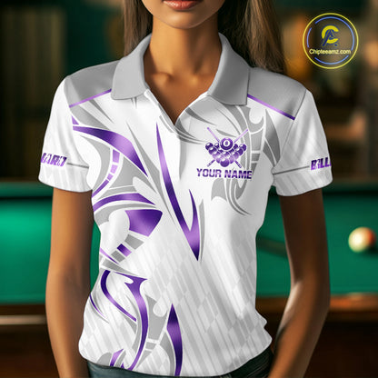 White And Purple Custom Crown 8 Ball Women's Billiards Shirts, Billiard Jersey Team Polo & 1/4 Zip TDM6054
