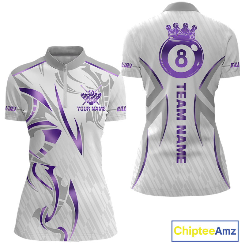 White And Purple Custom Crown 8 Ball Women's Billiards Shirts, Billiard Jersey Team Polo & 1/4 Zip TDM6054