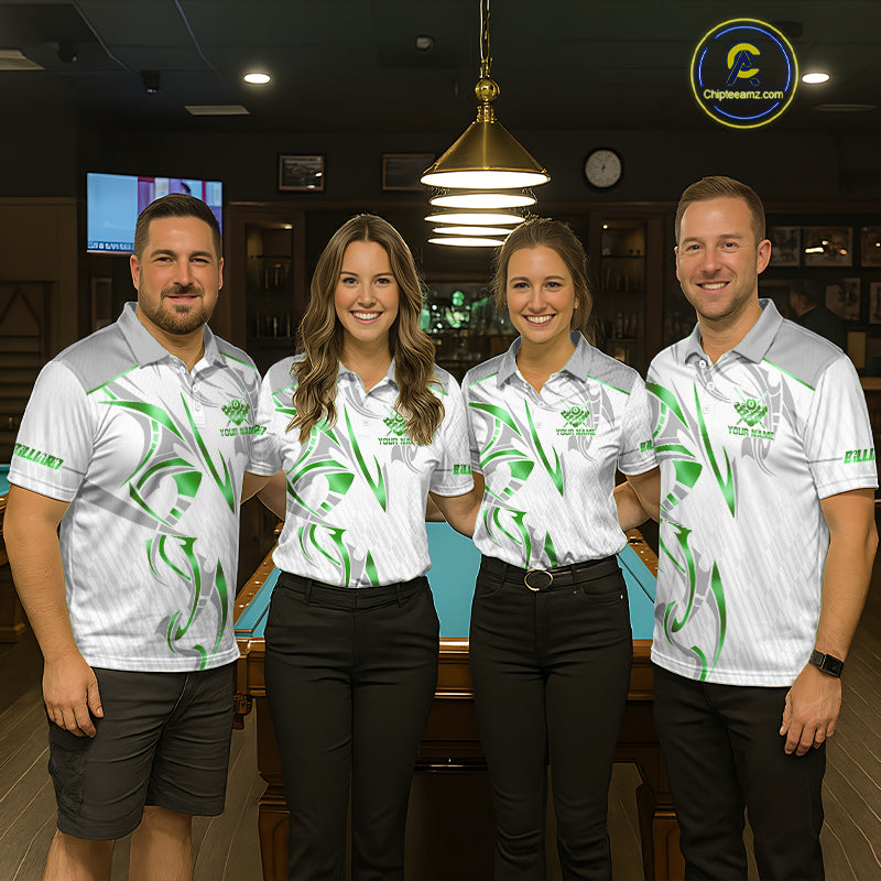 White And Green Custom Crown 8 Ball Women's Billiards Shirts, Billiard Jersey Team Polo & 1/4 Zip TDM6055