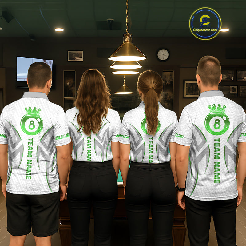 White And Green Custom Crown 8 Ball Women's Billiards Shirts, Billiard Jersey Team Polo & 1/4 Zip TDM6055