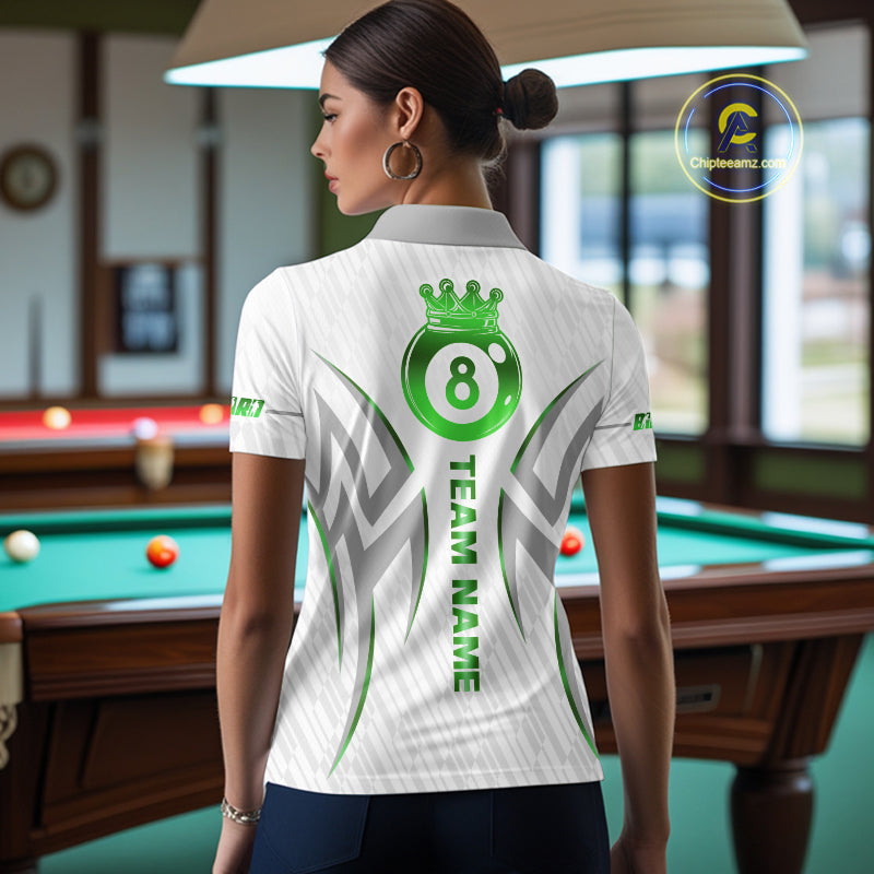 White And Green Custom Crown 8 Ball Women's Billiards Shirts, Billiard Jersey Team Polo & 1/4 Zip TDM6055